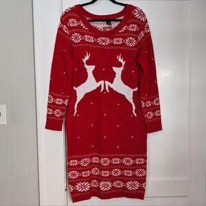 JUST-ONE Red Reindeer Christmas Sweater Dress Women’s L – Knit Holiday